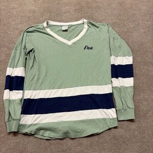 PINK Victoria's Secret Green and Navy Striped Long Sleeve Tee 1789